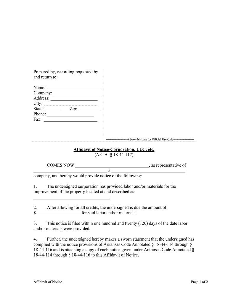 Affidavit of Notice Corporation, LLC, Etc  Form