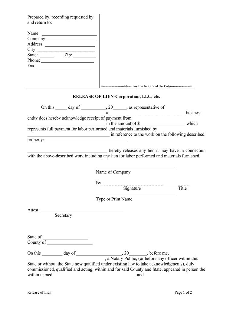 RELEASE of LIEN Corporation, LLC, Etc  Form