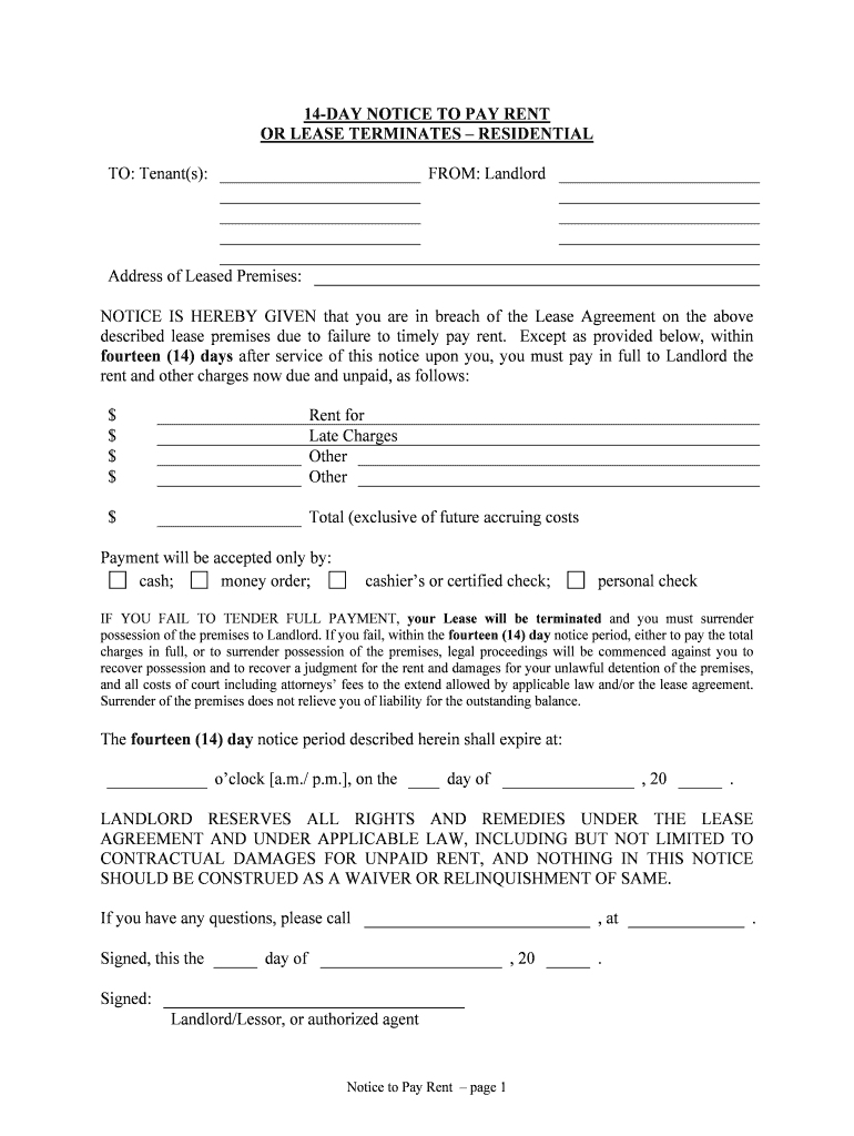 Fourteen 14 Days After Service of This Notice Upon You, You Must Pay in Full to Landlord the  Form