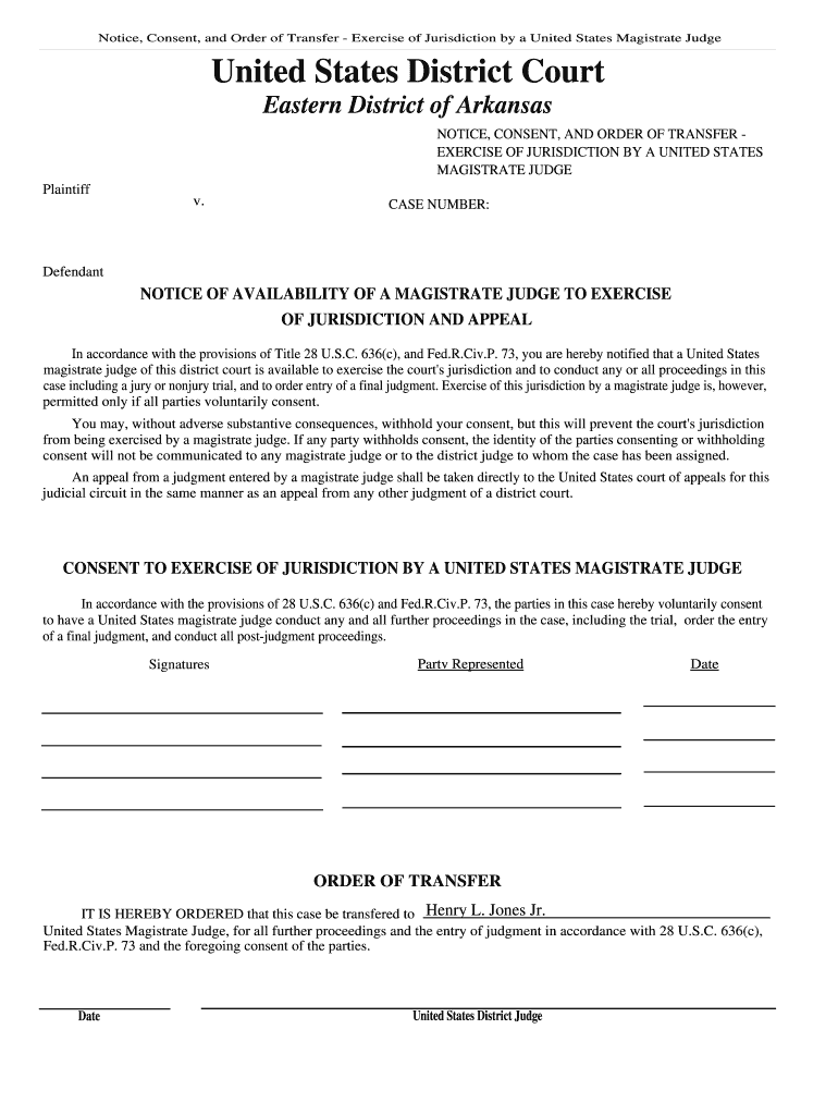 Notice, Consent, and Reference of a United States Courts  Form