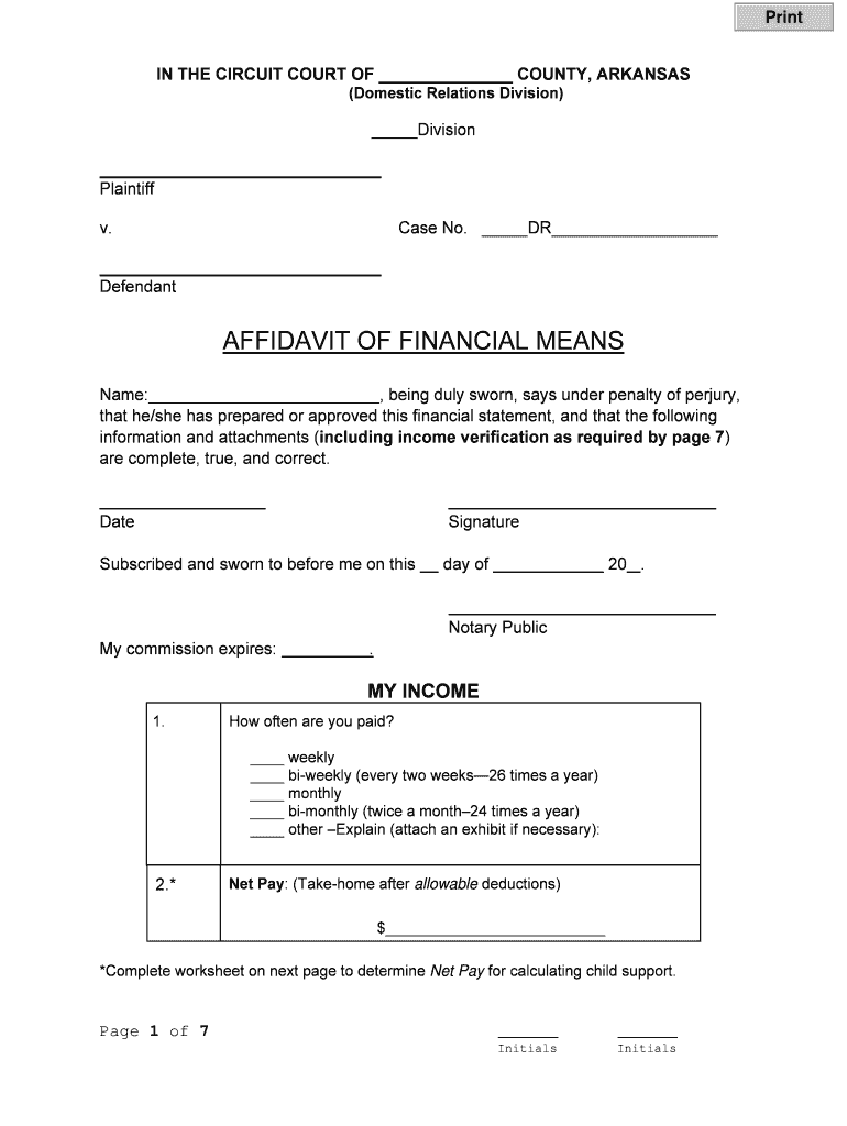 AFFIDAVIT of FINANCIAL MEANS Arkansas Download Printable  Form