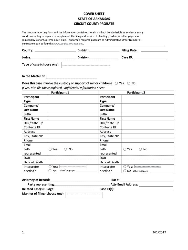 TRAINING COVER SHEET STATE of ARKANSAS CIRCUIT COURT PROBATE Form