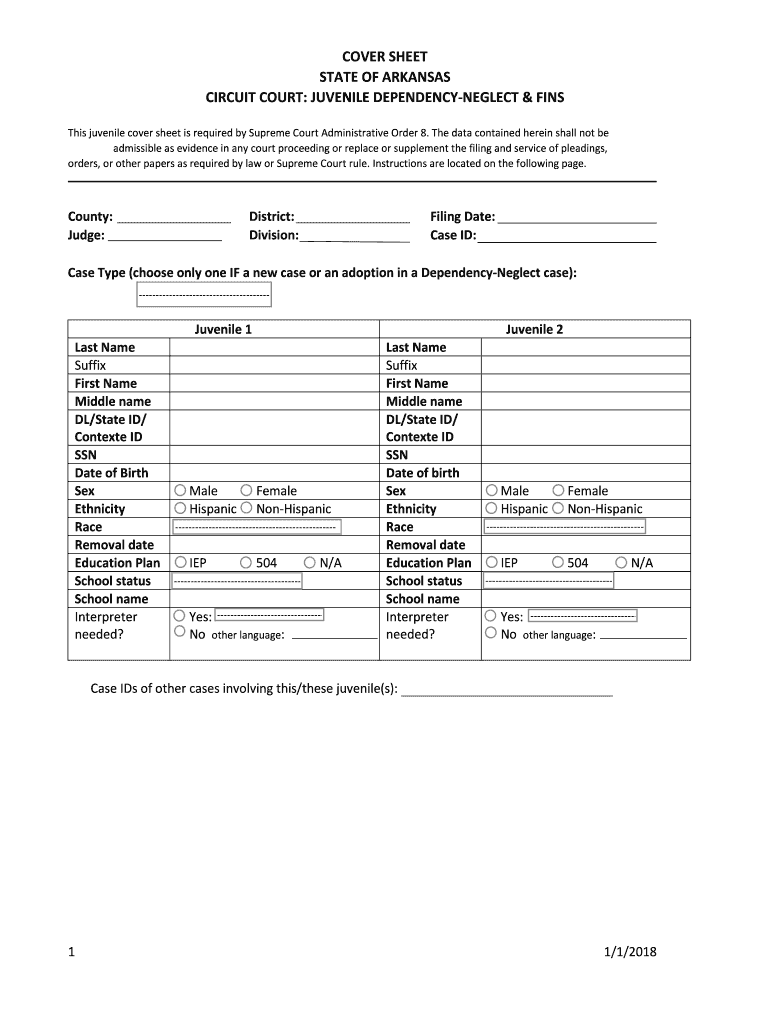 Cover Sheet State of Arkansas Circuit Court Juvenile  Form