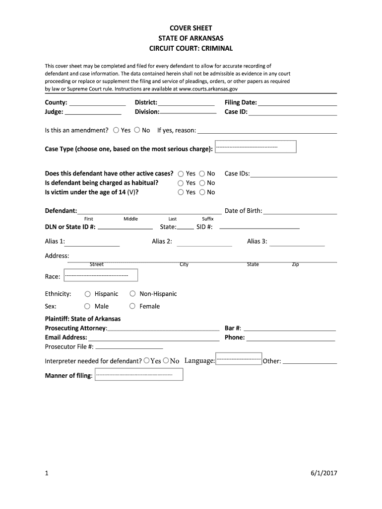 Criminal Cover Sheet Arkansas Download Fillable PDF  Form