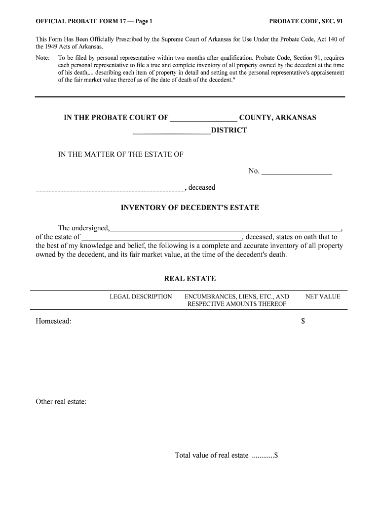 This Form Has Been Officially Prescribed by the Supreme Court of Arkansas for Use under the Probate Cede, Act 140 of the 1949