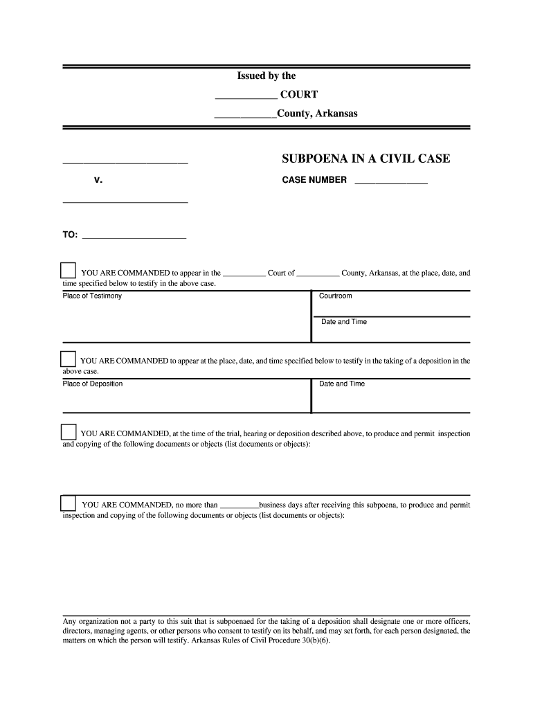 CIVIL SUBPOENA for DEPOSIT,ON Case Number Versus  Form