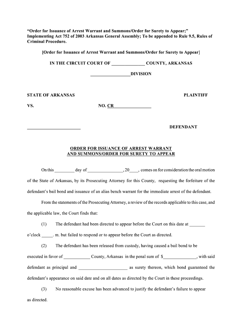 Order for Issuance of Arrest Warrant and SummonsOrder  Form