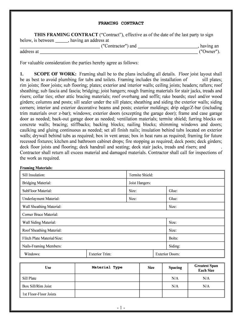 SCOPE of WORK Framing Shall Be to the Plans Including All Details  Form