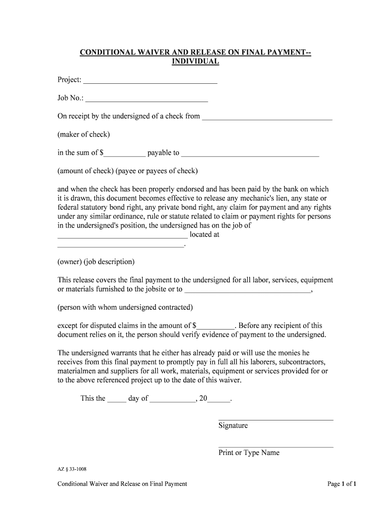CONDITIONAL WAIVER and RELEASE on FINAL PAYMENT INDIVIDUAL  Form