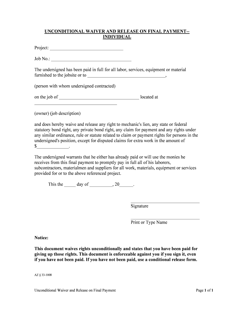 UNCONDITIONAL WAIVER and RELEASE on FINAL PAYMENT INDIVIDUAL  Form