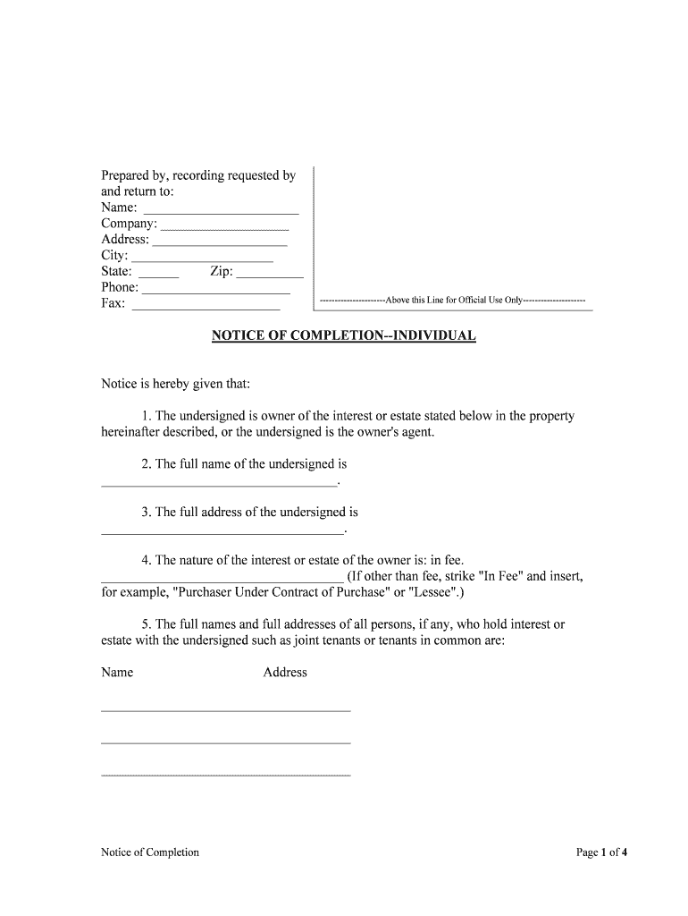 NOTICE of COMPLETION INDIVIDUAL  Form