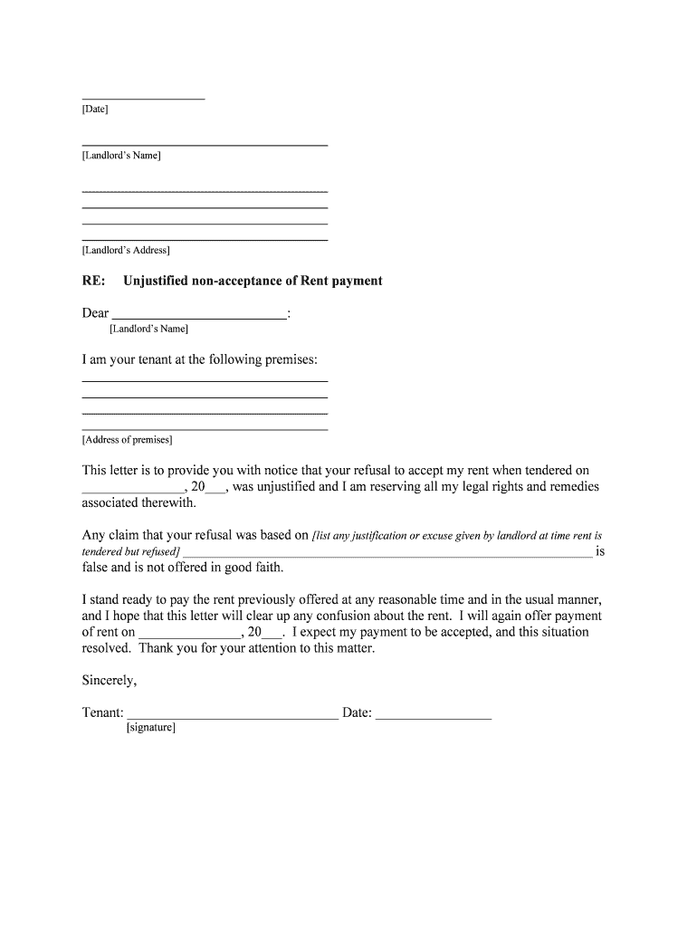 Any Claim that Your Refusal Was Based on List Any Justification or Excuse Given by Landlord at Time Rent is  Form