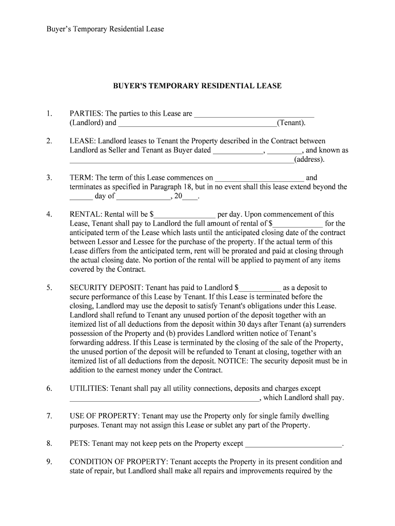 Buyer's Temporary Residential LeaseTREC  Form