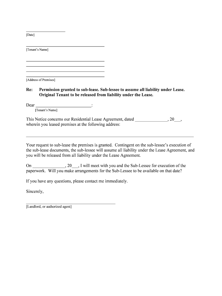 Permission Granted to Sub Lease  Form