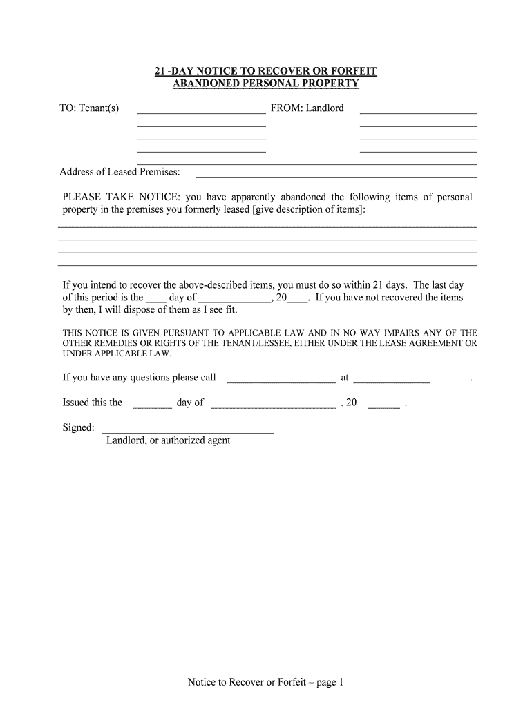 21 DAY NOTICE to RECOVER or FORFEIT  Form