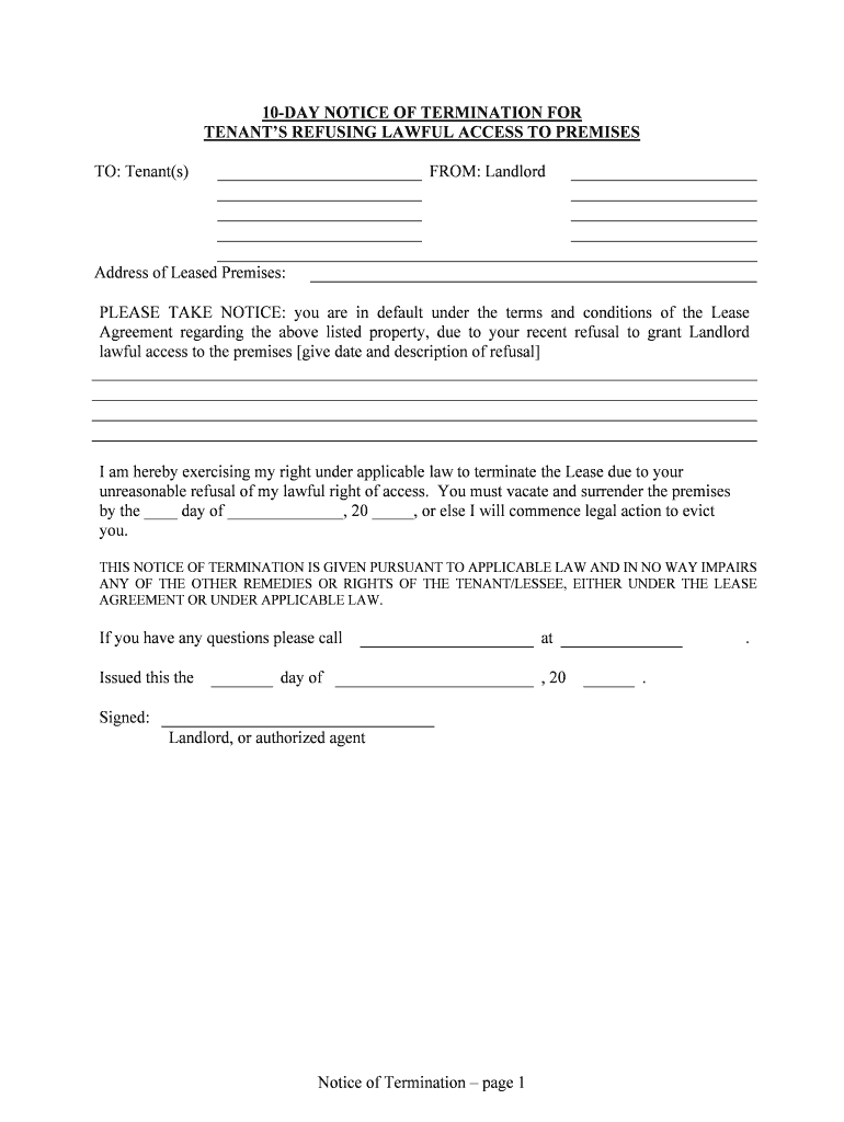 10 DAY NOTICE of TERMINATION for  Form
