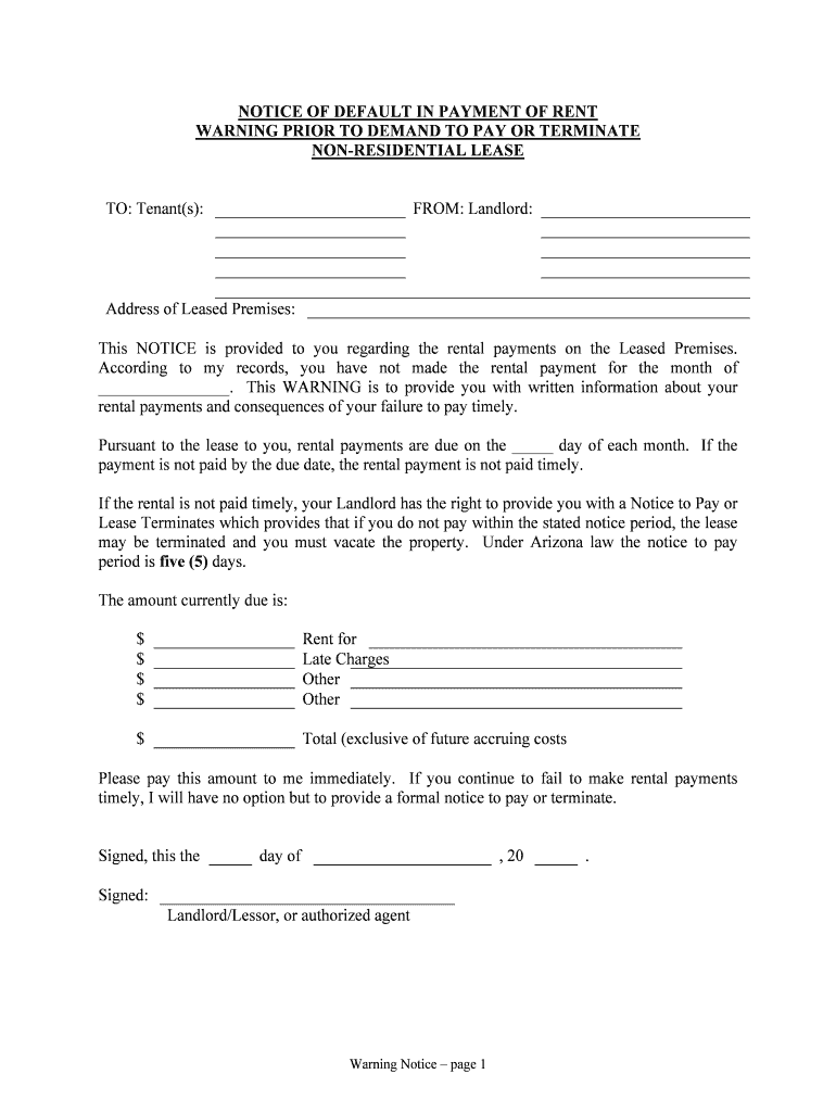 California Notice of Default in Payment of Rent as Warning  Form