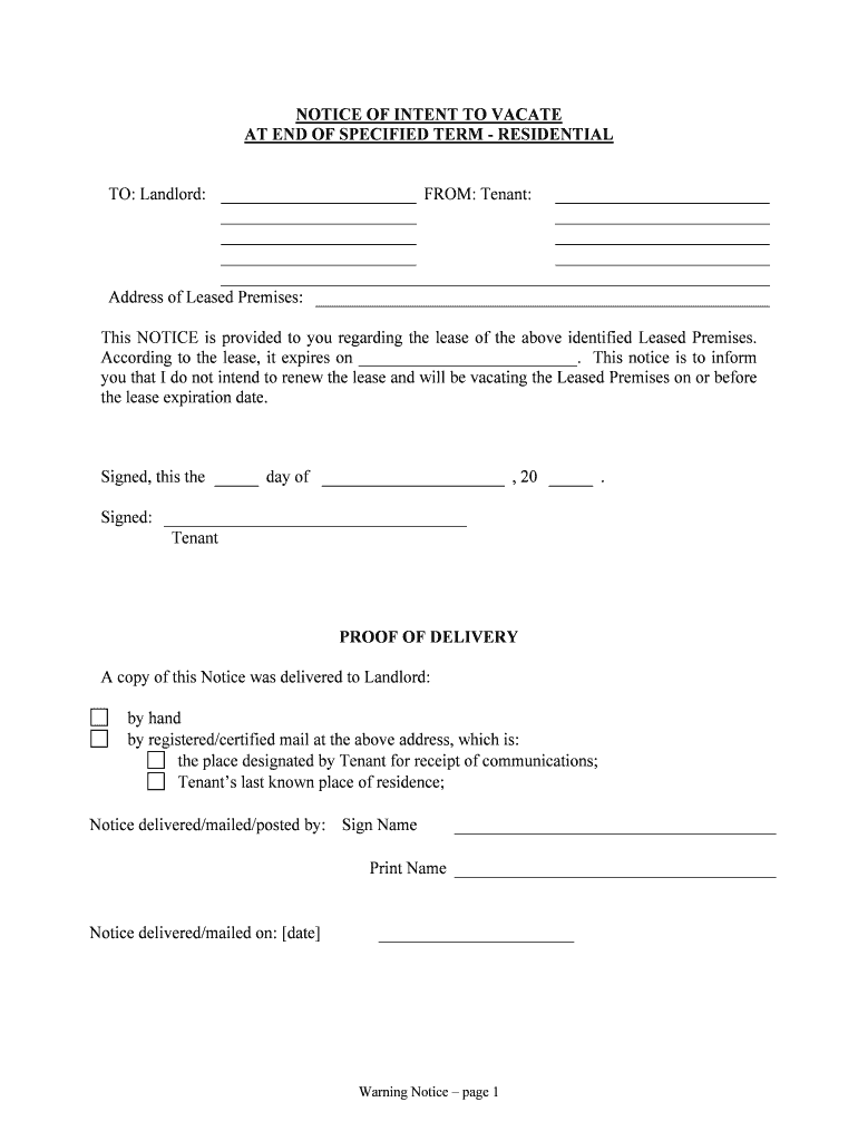 Notice of Intent to Vacate Template Word &amp;amp;amp; PDF  Form