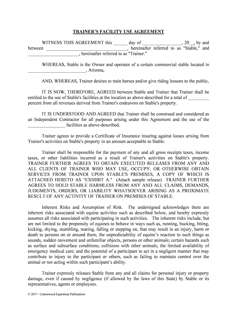TRAINERS FACILITY USE AGREEMENT  Form