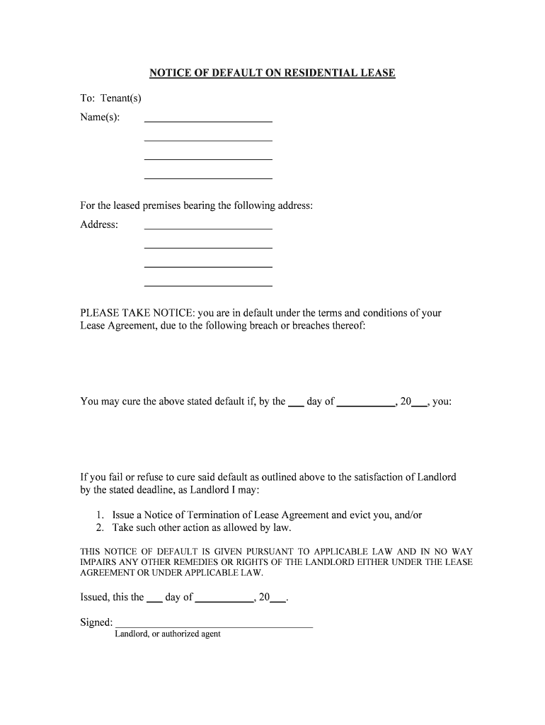 Lease Default Letter for Landlords and Tenants PDF  Form