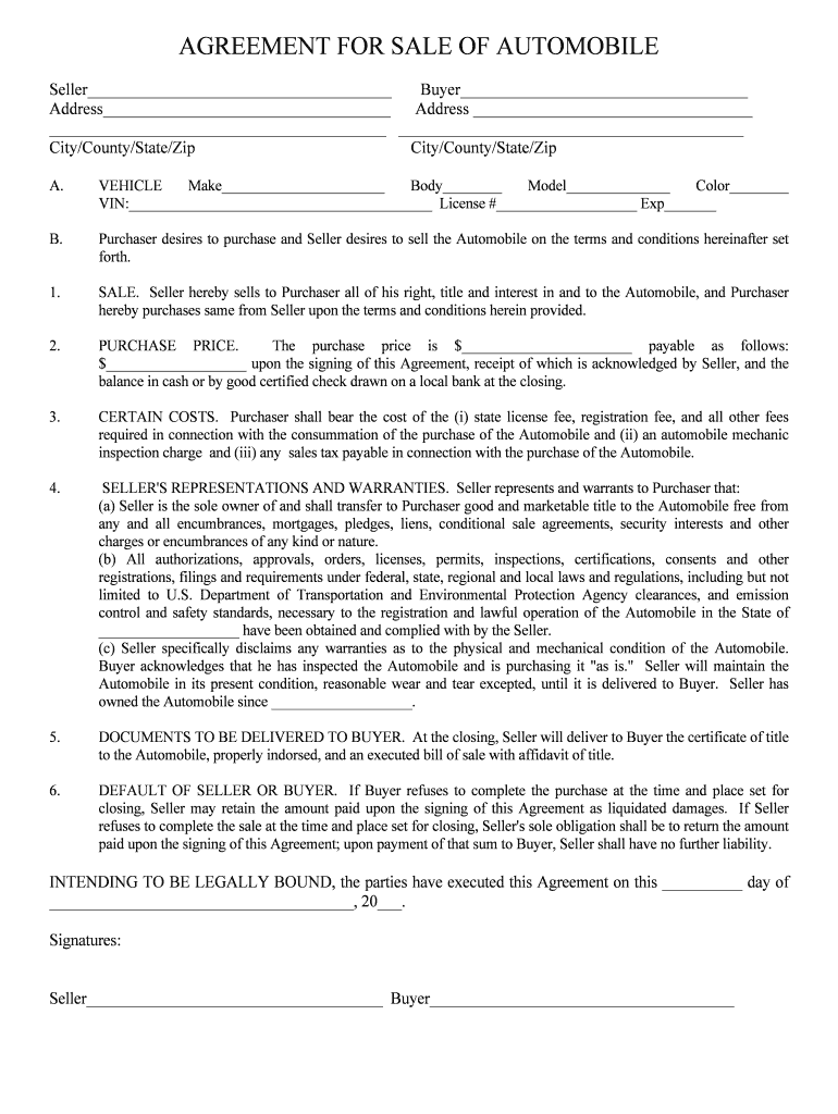 Vehicle &amp;amp; Equipment Purchase Agreement Download  Form