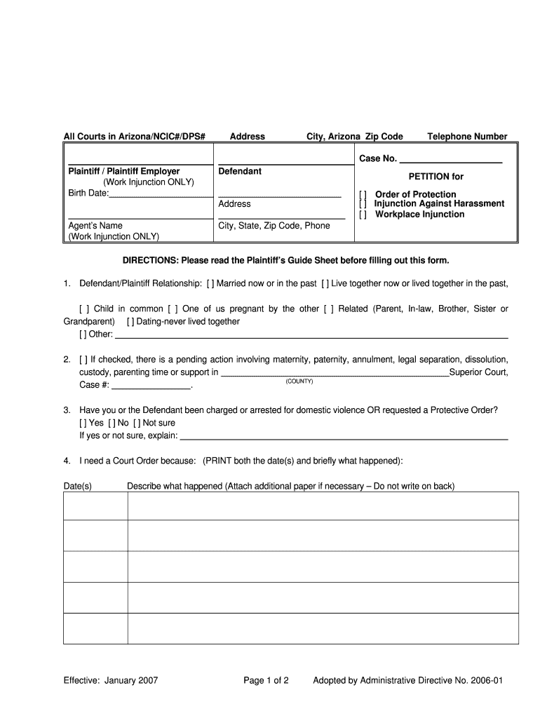 Plaintiff's Guide Sheet for Protective Orders Mohave County  Form