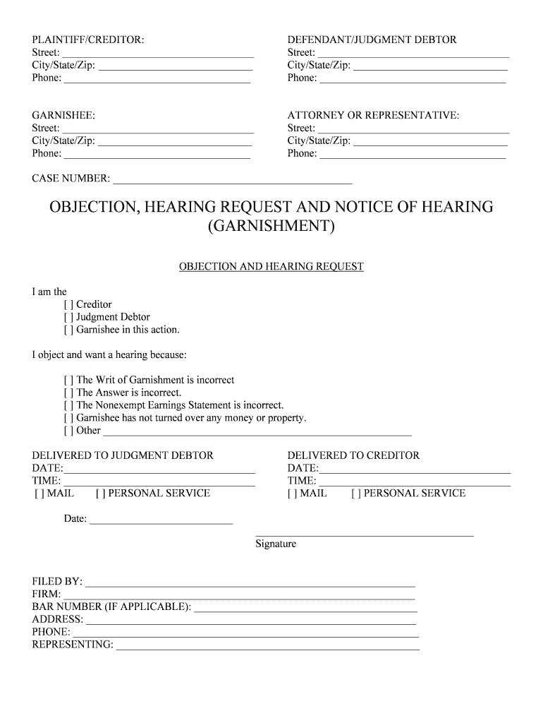 OBJECTION, HEARING REQUEST and NOTICE of HEARING  Form