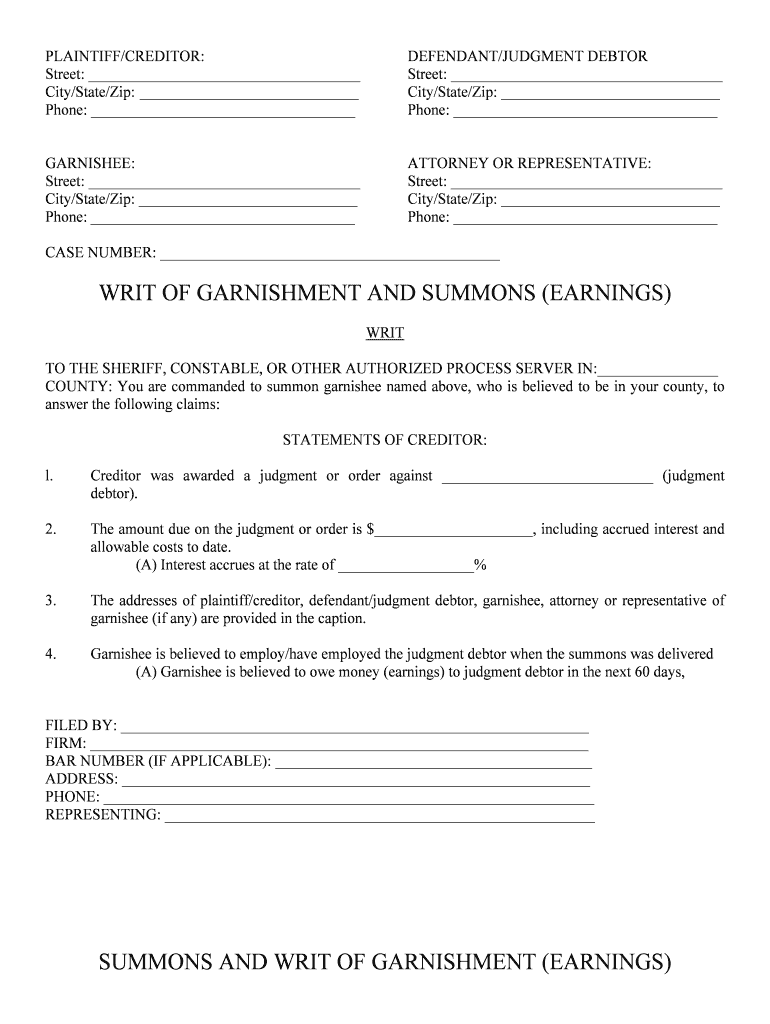 WRIT of GARNISHMENT and SUMMONS EARNINGS  Form