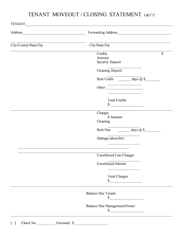 TENANT MOVEOUT CLOSING STATEMENT  Form