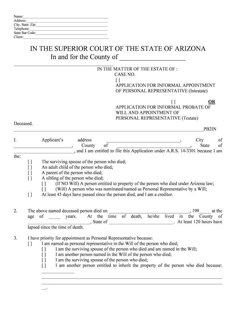 Of PERSONAL REPRESENTATIVE Intestate  Form