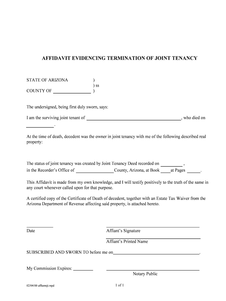 AFFIDAVIT EVIDENCING TERMINATION of JOINT TENANCY  Form