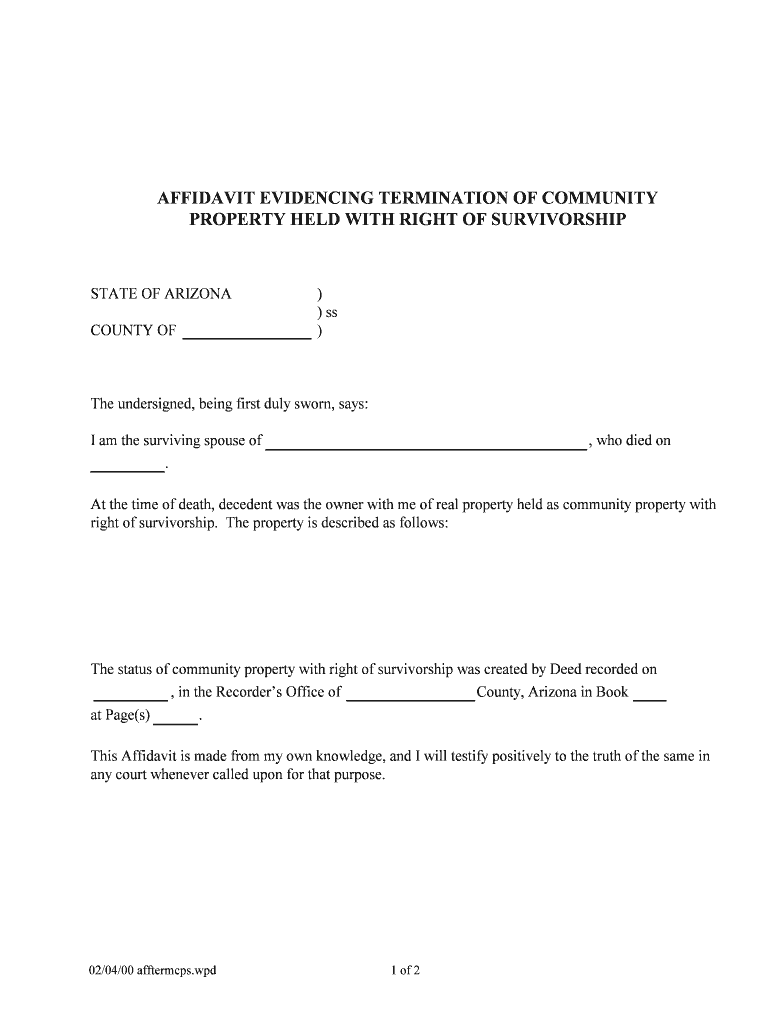 Arizona Affidavit Evidence Termination of Joint Tenancy  Form