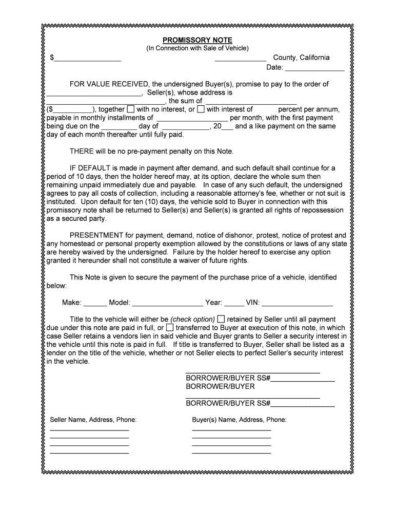 Promissory Note for Vehicle Purchase Fill Online, Printable  Form