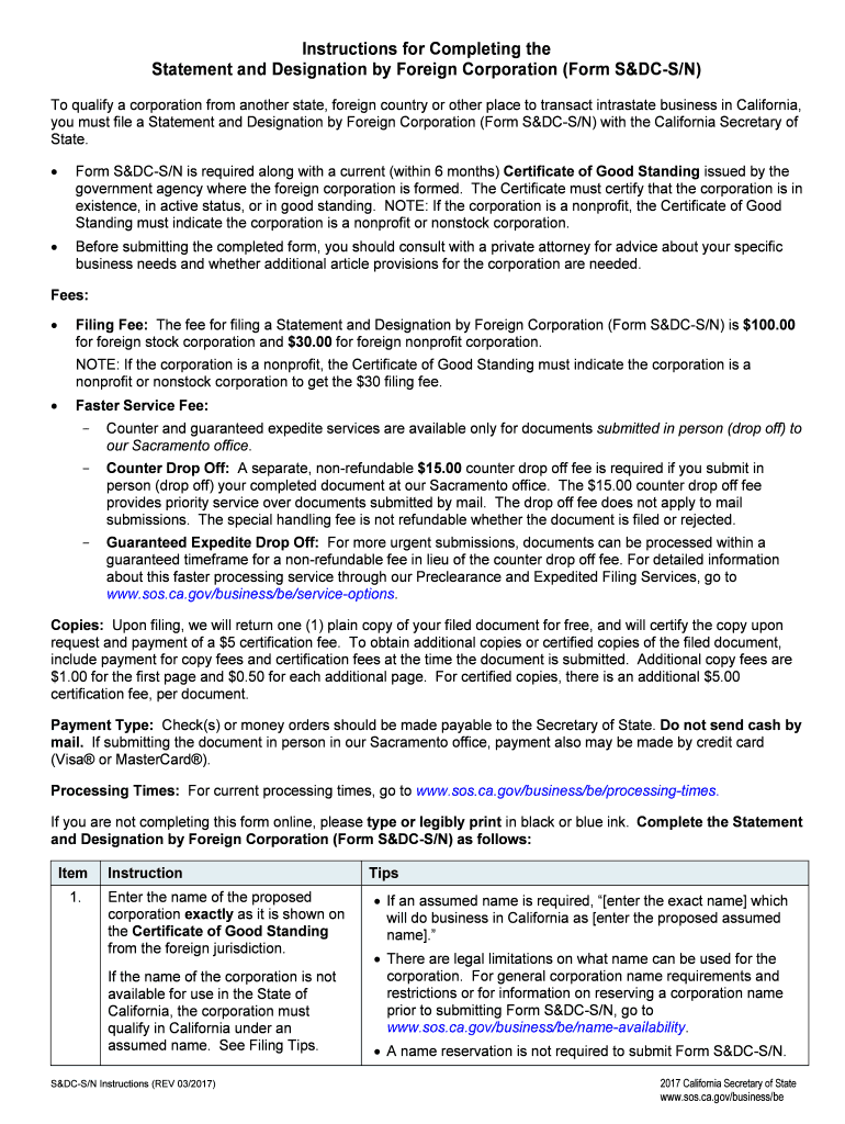 Statement and Designation by Foreign Corporation Form S&amp;DC SN