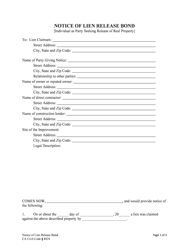 NOTICE of LIEN RELEASE BONDINDIVIDUAL  Form