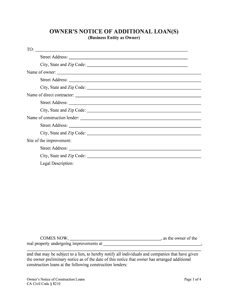 OWNER'S NOTICE of ADDITIONAL LOANS  Form