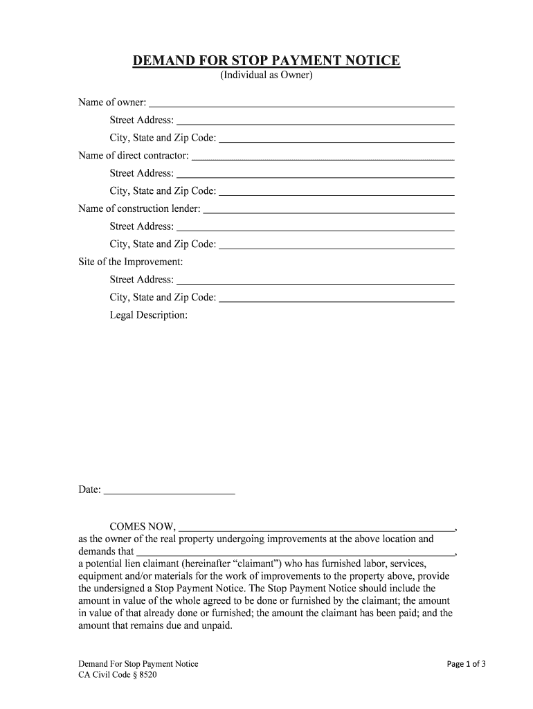 DEMAND for STOP PAYMENT NOTICE  Form