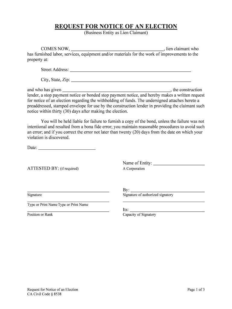 REQUEST for NOTICE of an ELECTION  Form