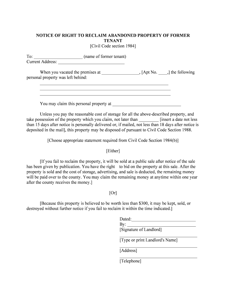 NOTICE of RIGHT to RECLAIM ABANDONED PROPERTY of FORMER TENANT