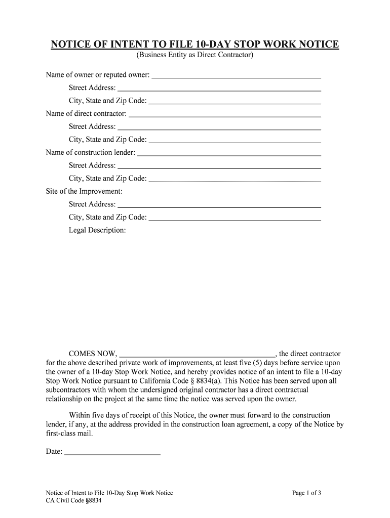 NOTICE of INTENT to FILE 10 DAY STOP WORK NOTICE  Form