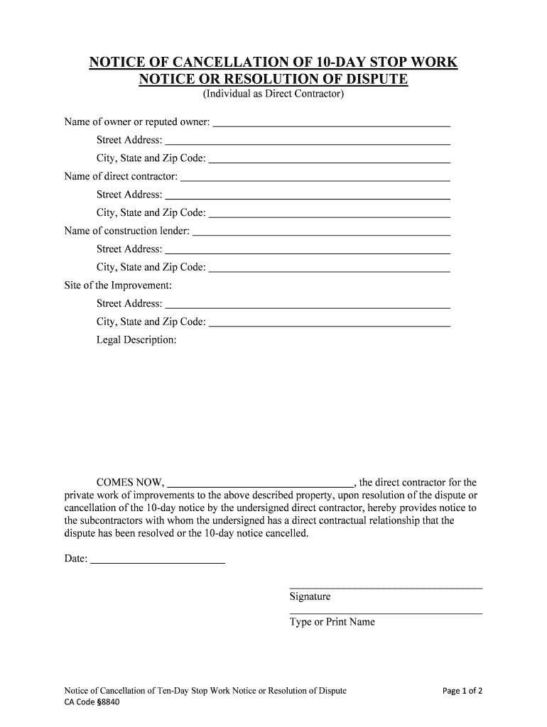 NOTICE of CANCELLATION of 10 DAY STOP WORK  Form