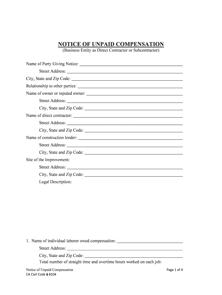 NOTICE of UNPAID COMPENSATION  Form