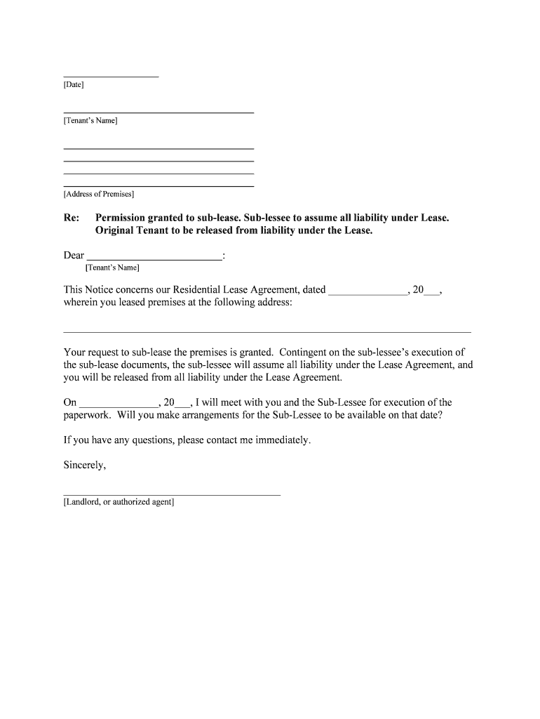 Sub Lessee to Assume All Liability under Lease  Form