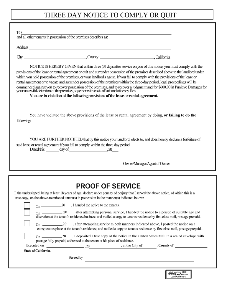 THREE DAY NOTICE to COMPLY or QUIT  Form