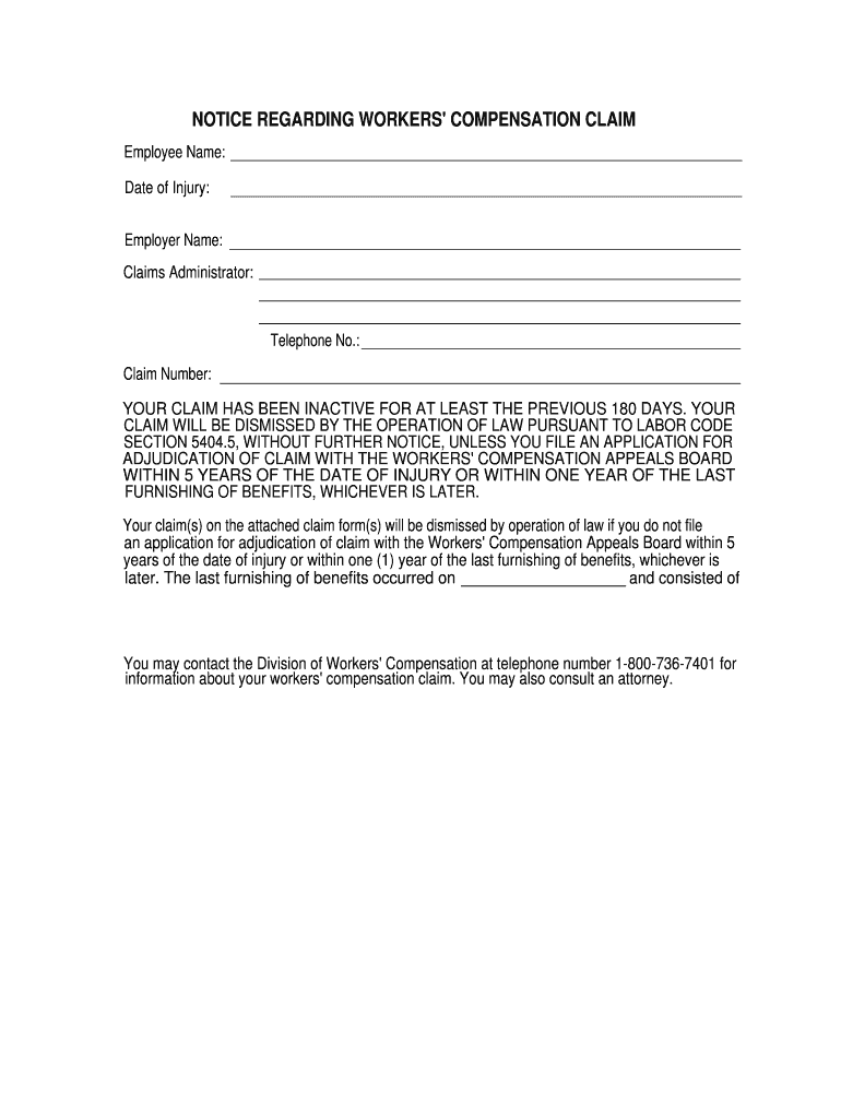 NOTICE REGARDING WORKERS' COMPENSATION CLAIM  Form