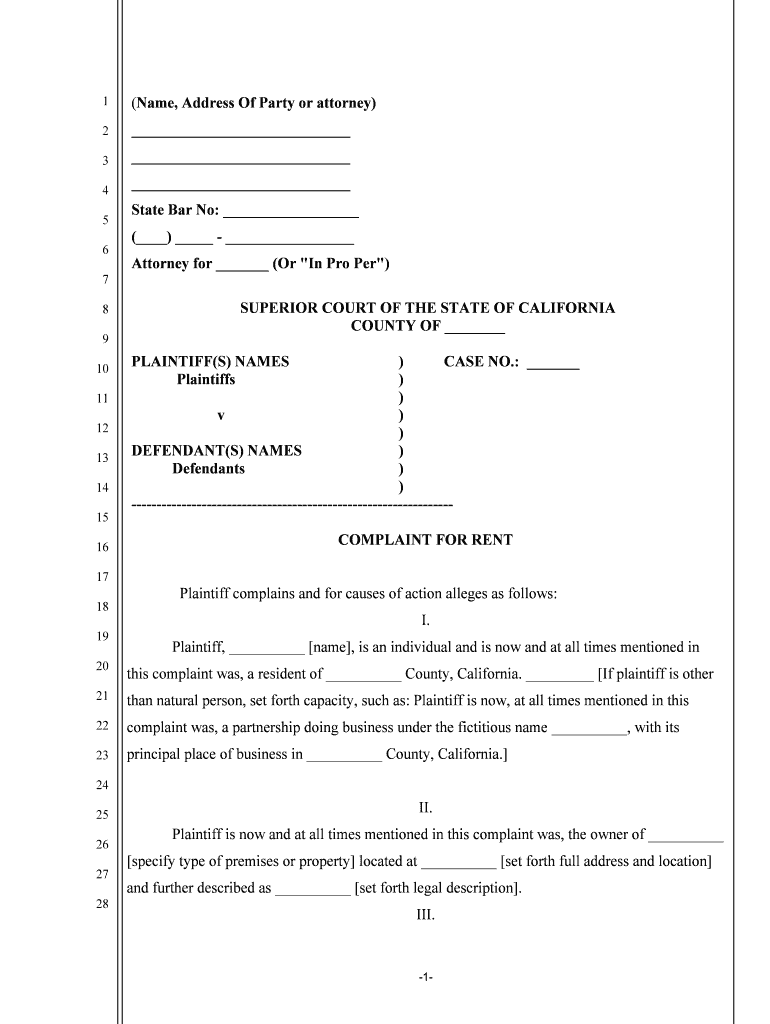 COMPLAINT for RENT  Form