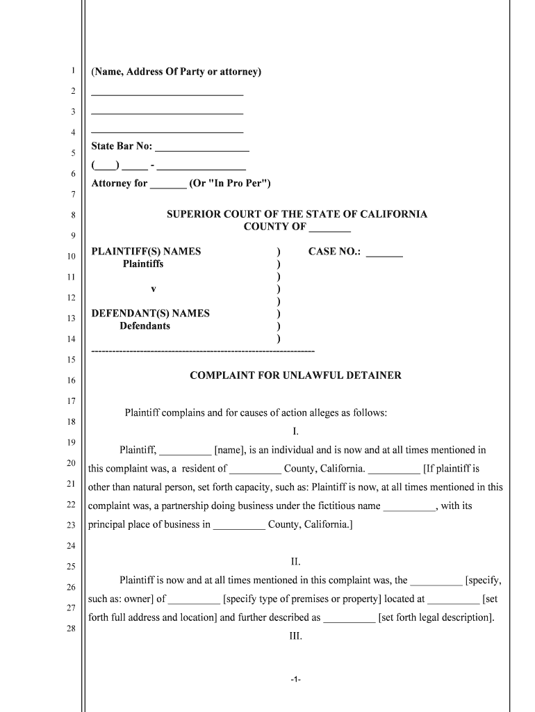 COMPLAINT for UNLAWFUL DETAINER  Form