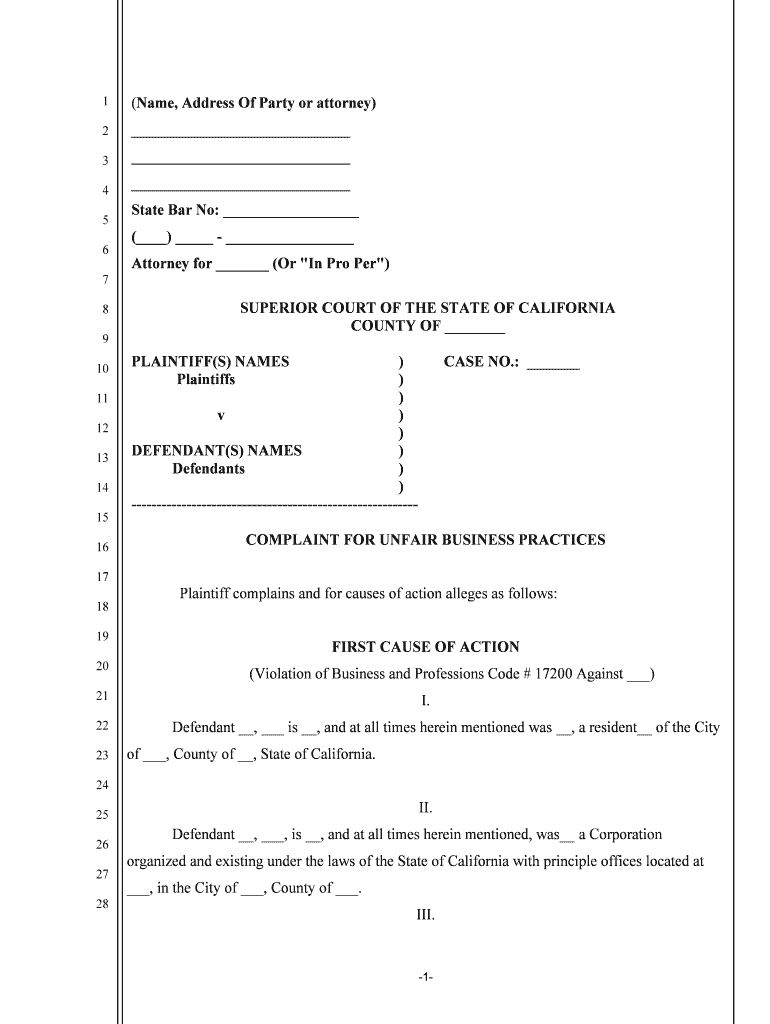 COMPLAINT for UNFAIR BUSINESS PRACTICES  Form