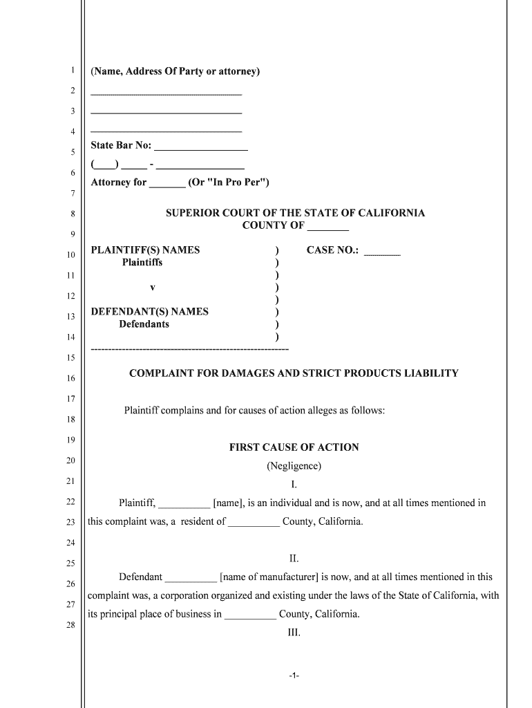 COMPLAINT for DAMAGES and STRICT PRODUCTS LIABILITY  Form