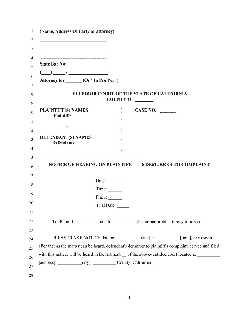 NOTICE of HEARING on PLAINTIFF, 'S DEMURRER to COMPLAINT  Form